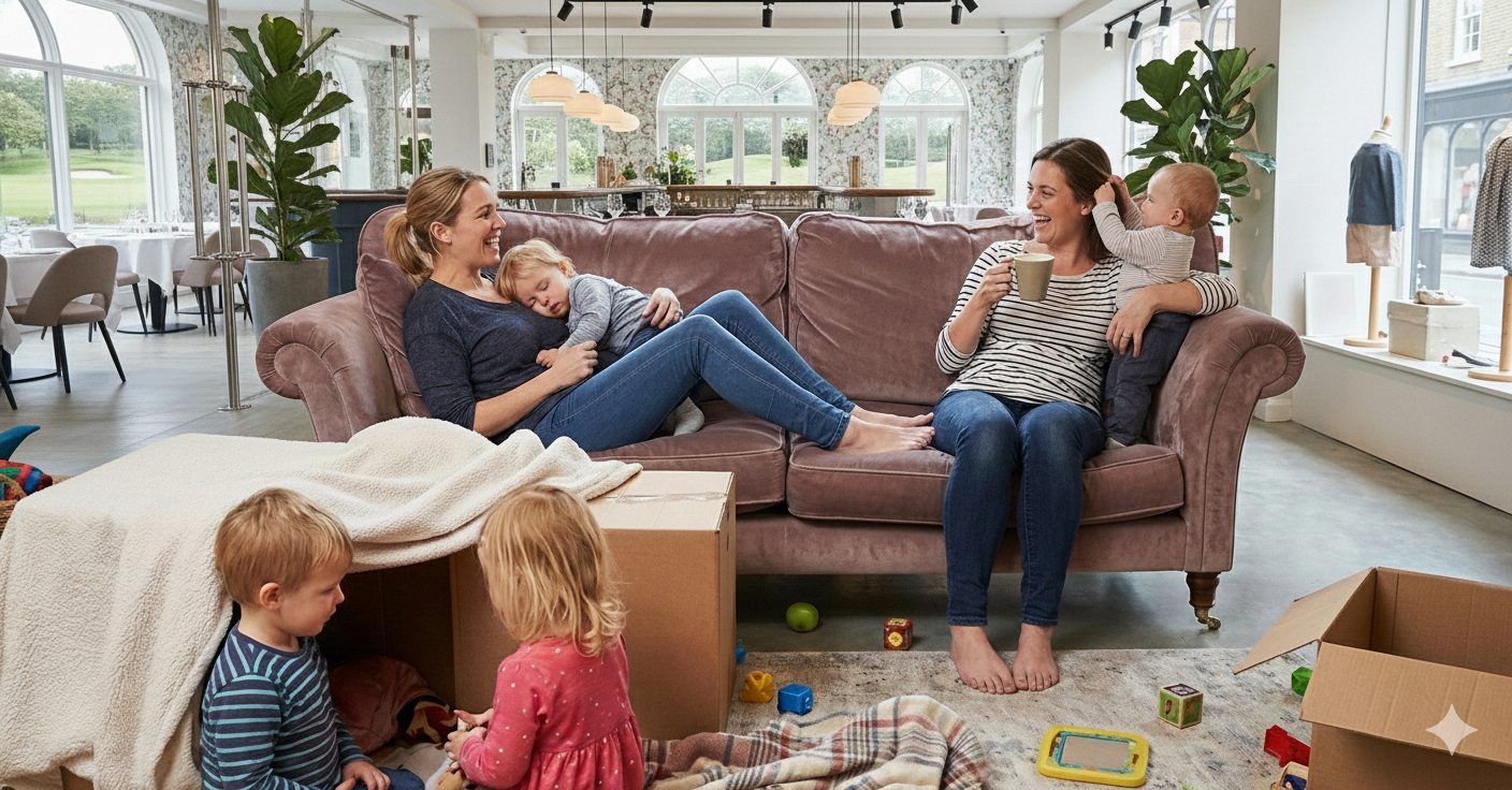 Moms and children relaxing in a modern, bright living space